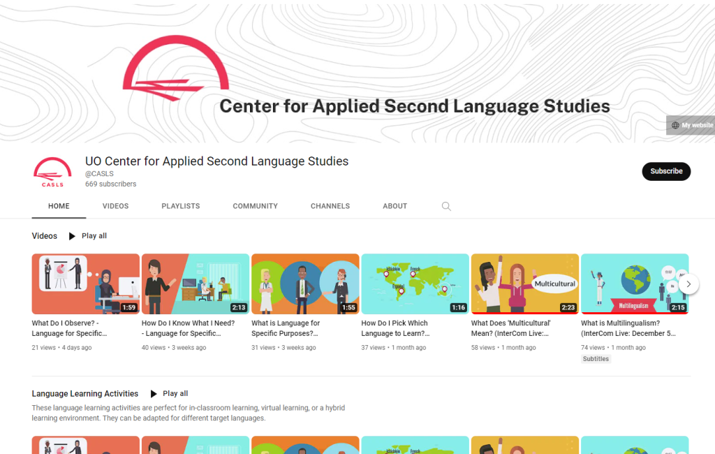 Screenshot of the Center for Applied Second Language Studies YouTube Channel